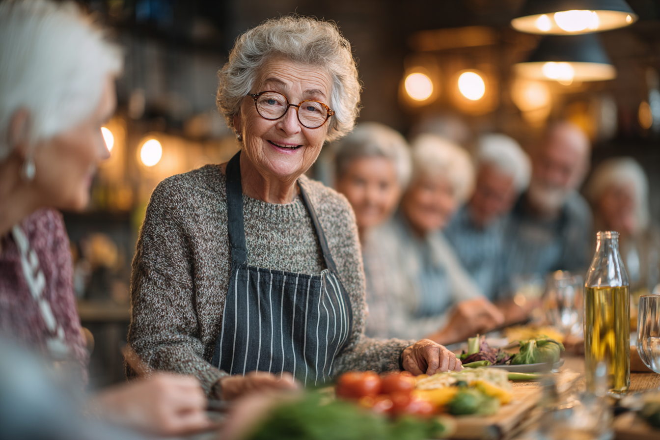 Старша жінка готує здорову їжу на кухні з посмішкою та енергією